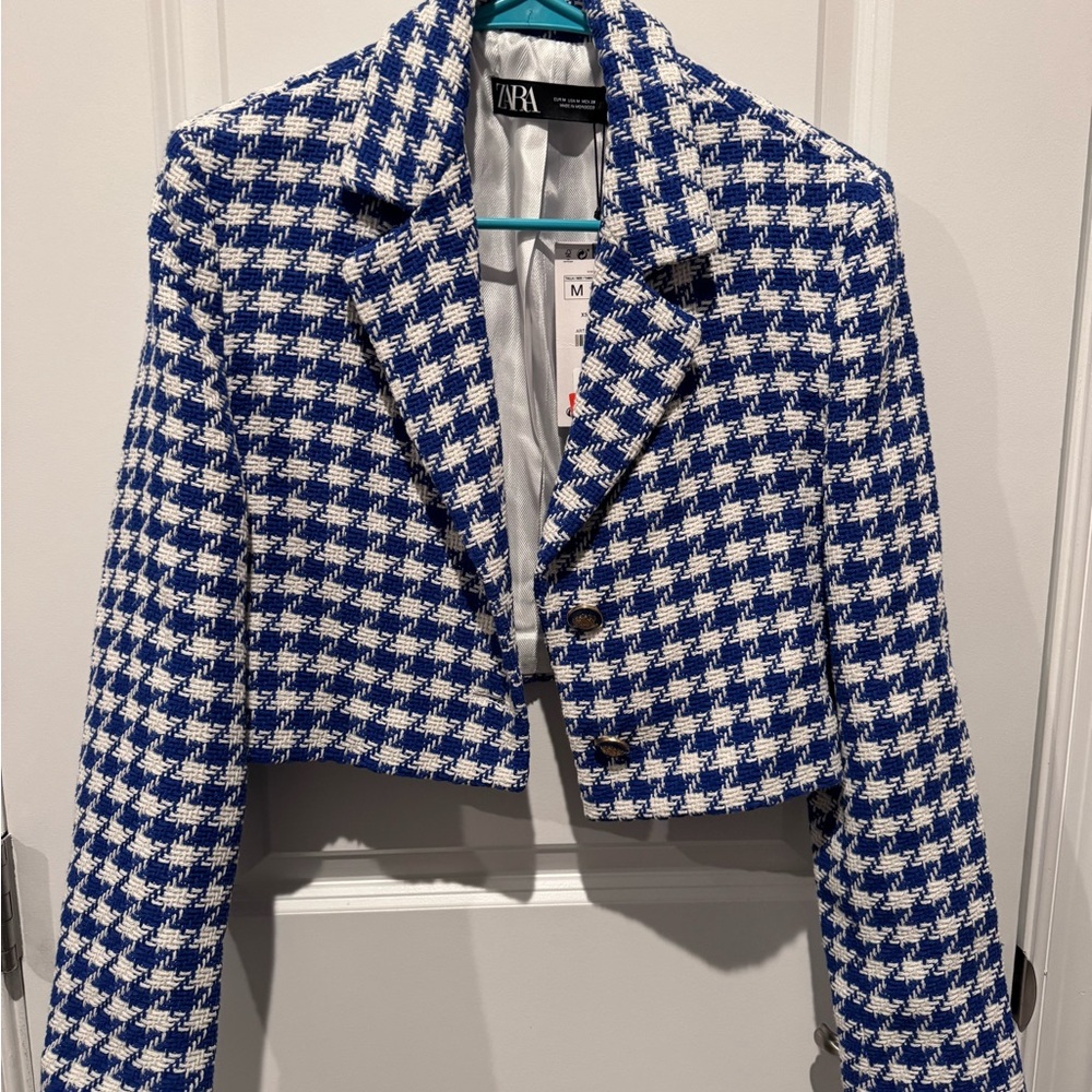 Zara Blue and White Houndstooth Cropped Blazer